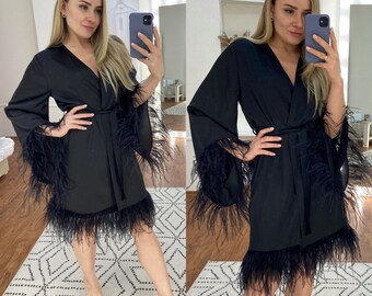 Short Feather Silk Black Robe Long Women Robe with feather black Angel Silk Long Robe Bride Photo Shoot, Bridesmaid Gift Women Gifts Angel