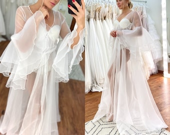 Sheer boudoir dress, bridal transparent long dress, sheer robe, flowy dress, ivory see through dress, bridal maxi robe Katrin