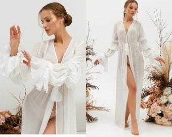 Maxi Sheer Robe with Feathers Bride Long Chiffon Robe Getting Ready Robe Wedding Robe with feathers Honeymoon Robe gift for bride Pierre