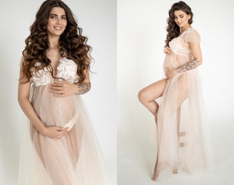 Maternity Sheer Dress for Photo Shoot Tulle Ivory Maternity Boudoir Dress for Photoshoots Baby shower gifts maternity nightgown robe Corsica