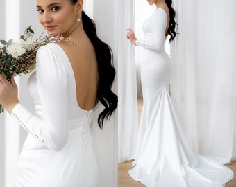 Long sleeve wedding dress. Minimalist open back bridal dress, Backless mermaid bridal gown with long sleeves NP