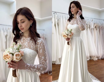 Long sleeve wedding dress. High neck lace bridal dress, winter wedding dress, unique dress Bella