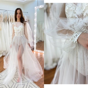 Bridal Lace with Feathers Boudoir Dress, Bride Photo Shoot, Bridesmaid Gift, Wedding Lingerie, Bridal Mesh Robe Eliza