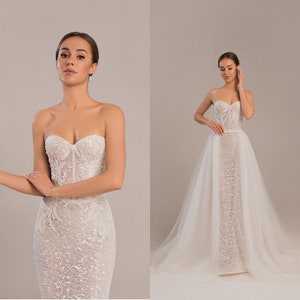 Wedding dress. Lace wedding dress with detachable train, Mermaid strapless bridal dress Margaret