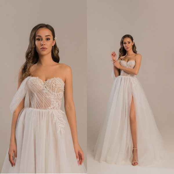 Wedding dress, corset bridal dress. A-line wedding dress, lace wedding dress with high slit Josephine