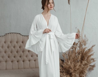 Bridal Maxi Robe, Kimono Women Robe, Bride Photo Shoot Bridesmaid Gift Boudoir Gown Wedding Lingerie, Long Sleeves Robe Gift for bride Adele