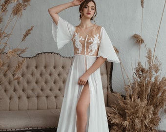 Bridal Silk Long Robe Bride Photo Shoot, Boudoir Lace Nightgown Bridesmaid Gift, Boudoir Gown, Gift for women Bridal Lace Robe Lilian