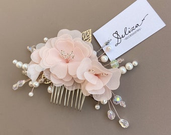 Rosa blommig brudhårkam, handgjord bröllopspersiet med pärlor, kristaller och strass, elegant blommig brudkam G043