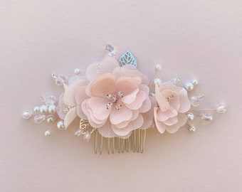 Peine de boda de flores rosas Peine de plata Joyería de cabello de novia Peine de accesorios de flores con cristales Perla nupcial Peine de cabello nupcial G043