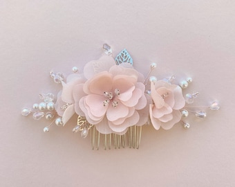 Pink Flowers Wedding Comb Silver Bridal Hair Jewelry Flower Accessories Comb with Crystals Bridal Pearl Bridal Hair comb G043