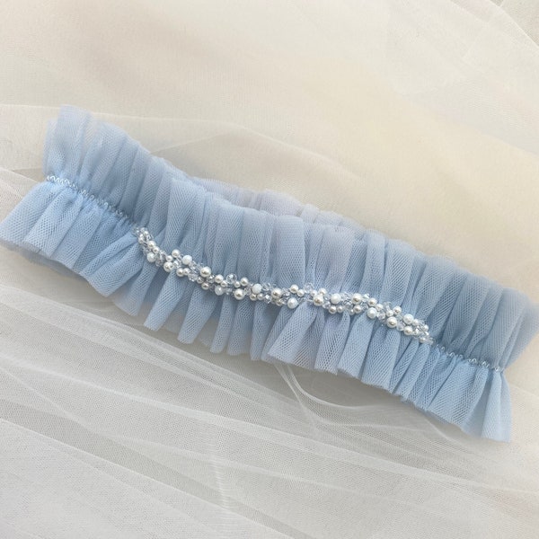 Pearl wedding garter, Tulle blue garterwith pearls Garterbelt for wedding, Gift for bride, Bridal leg garter, Wedding accessories ПЗ12