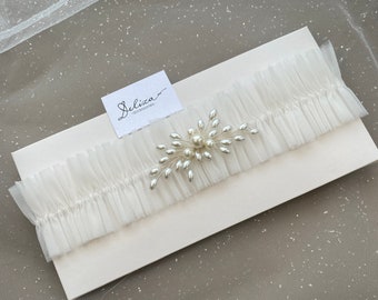 Ivory Pearl Mesh Wedding Garter Bridal soft Garter with lace Garter for Wedding Gift Lace Bridal Garter