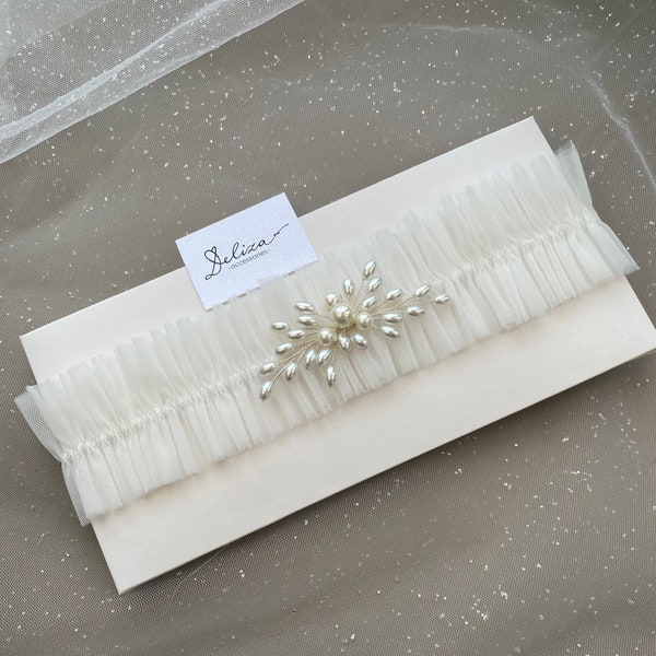 Ivory Pearl Mesh Wedding Garter Bridal soft Garter with lace Garter for Wedding Gift Lace Bridal Garter