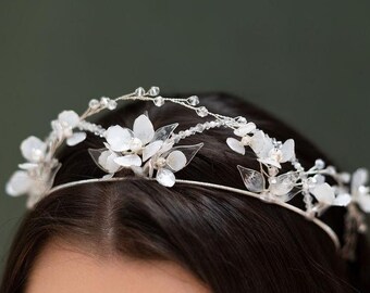 Floral Bridal Headband, Wedding Tiara with Rhinestones, Resin Flowers Gold Silver Wedding Hair Accessory, Gold Bridal Crown G207