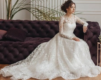 Wedding dress. Long sleeve lace wedding dress with high neck, princess lace wedding dress Bella