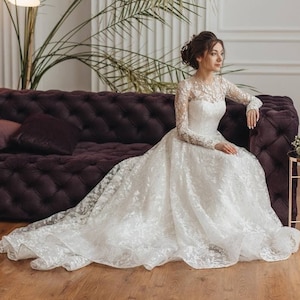Wedding dress. Long sleeve lace wedding dress with high neck, princess lace wedding dress Bella