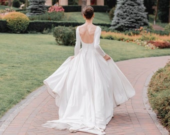 Backless wedding dress. Modest bridal gown, long sleeve wedding dress with open back Nika