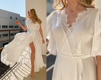 Bride silk long robe, bridal robe. Wedding robe photo shoot, bridesmaid gift, wedding lingerie Sandra