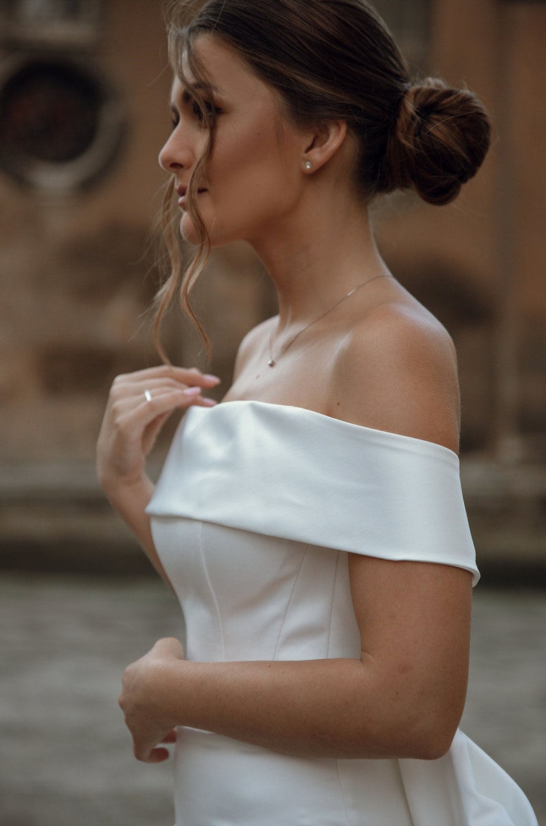 Off the Shoulder Satin Wedding Dress, Minimalist Wedding Gown with Bow, Sheath Simple Wedding Dress PATRICIA image 3