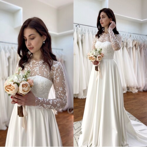 Talla S Encaje Manga larga Vestido de novia Cuello alto Encaje - Etsy México Talla S Encaje Manga larga Vestido de novia Cuello alto Encaje - Etsy México