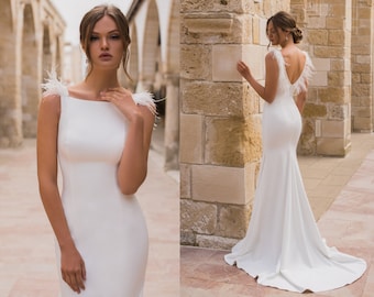 Wedding dress. Minimalist crepe wedding dress with feathers, Backless sheath wedding gown, simple bridal dress HERA