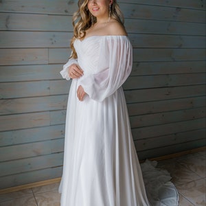 Off the shoulder wedding dress, Silk Bridal Gown with puff sleeves, Long Sleeve A-line Plus Size Bridal Dress Open shoulders Gown ADELINA image 3