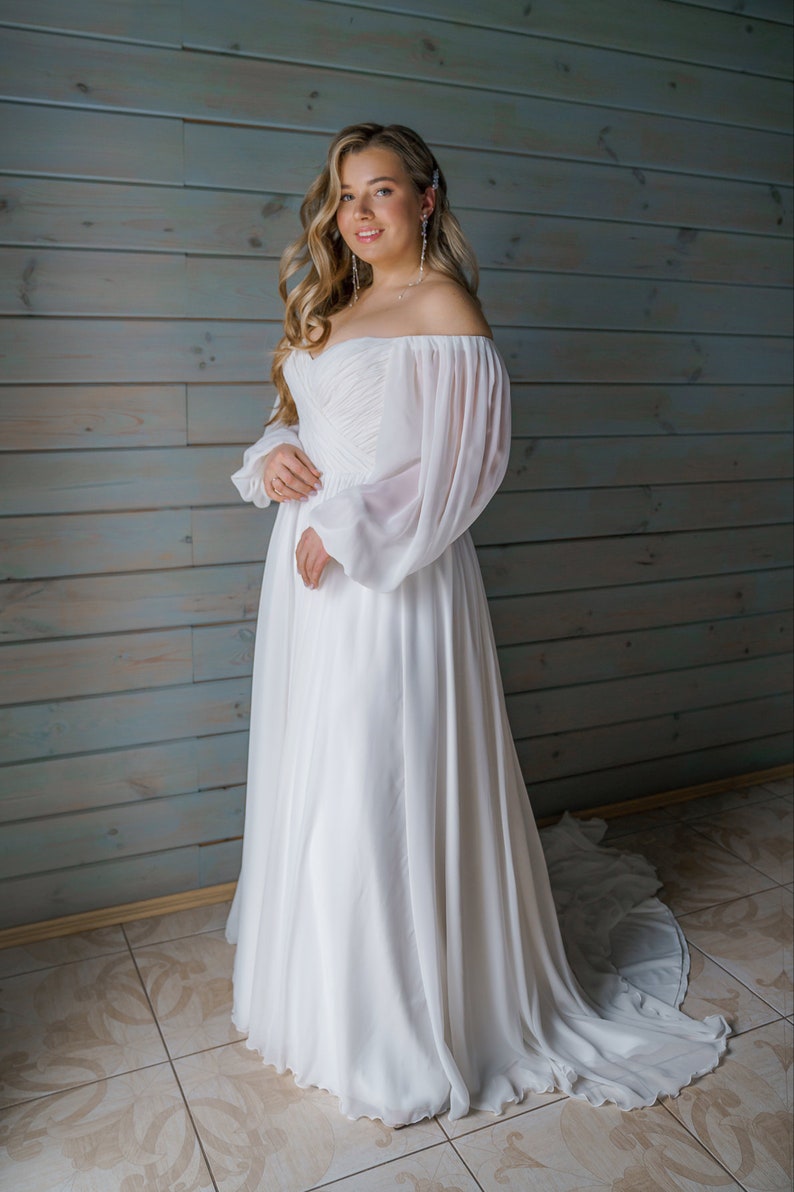 Off the shoulder wedding dress, Silk Bridal Gown with puff sleeves, Long Sleeve A-line Plus Size Bridal Dress Open shoulders Gown ADELINA image 3