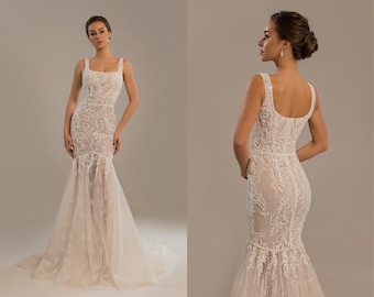 Wedding dress, square neck wedding dress, mermaid sleeveless bridal gown, lace wedding dress luxury wedding dress Tereza