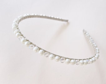 Pearl Thin Headband. SImple Bridal Pearl Hairband, Simple Wedding Hair Tiara, Crystal Headpiece for Wedding G038