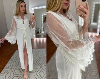 Bridal Maxi Robe, Bride Photo Shoot, Bridesmaid Gift, Boudoir Gown, Wedding Lingerie, Long Sleeves Lace Robe Milana