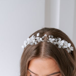 Floral bridal tiara, crystal flower wedding tiara with leaves, rustic hair accessories, flower girl headband, white floral tiara image 9