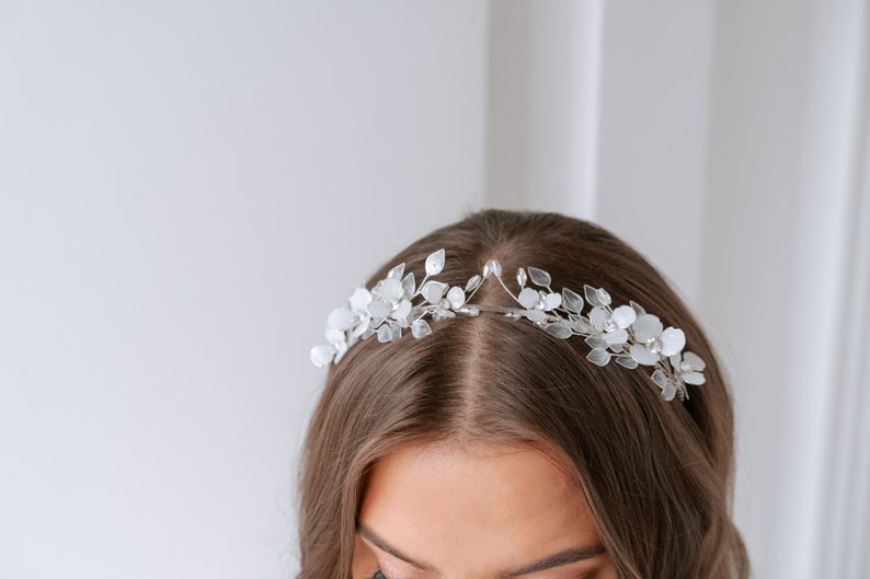 Floral bridal tiara, crystal flower wedding tiara with leaves, rustic hair accessories, flower girl headband, white floral tiara image 9
