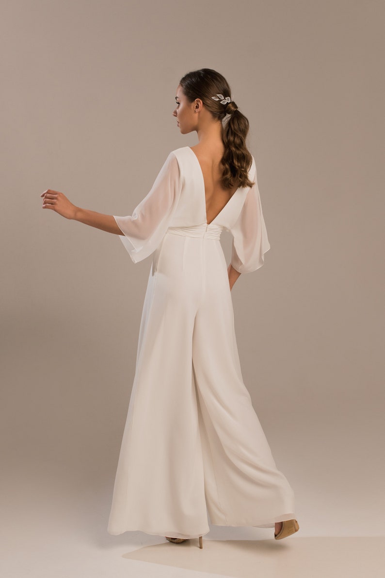 Wedding jumpsuit with long sleeves, Bridal jumpsuit v-neck and open back Saba image 6