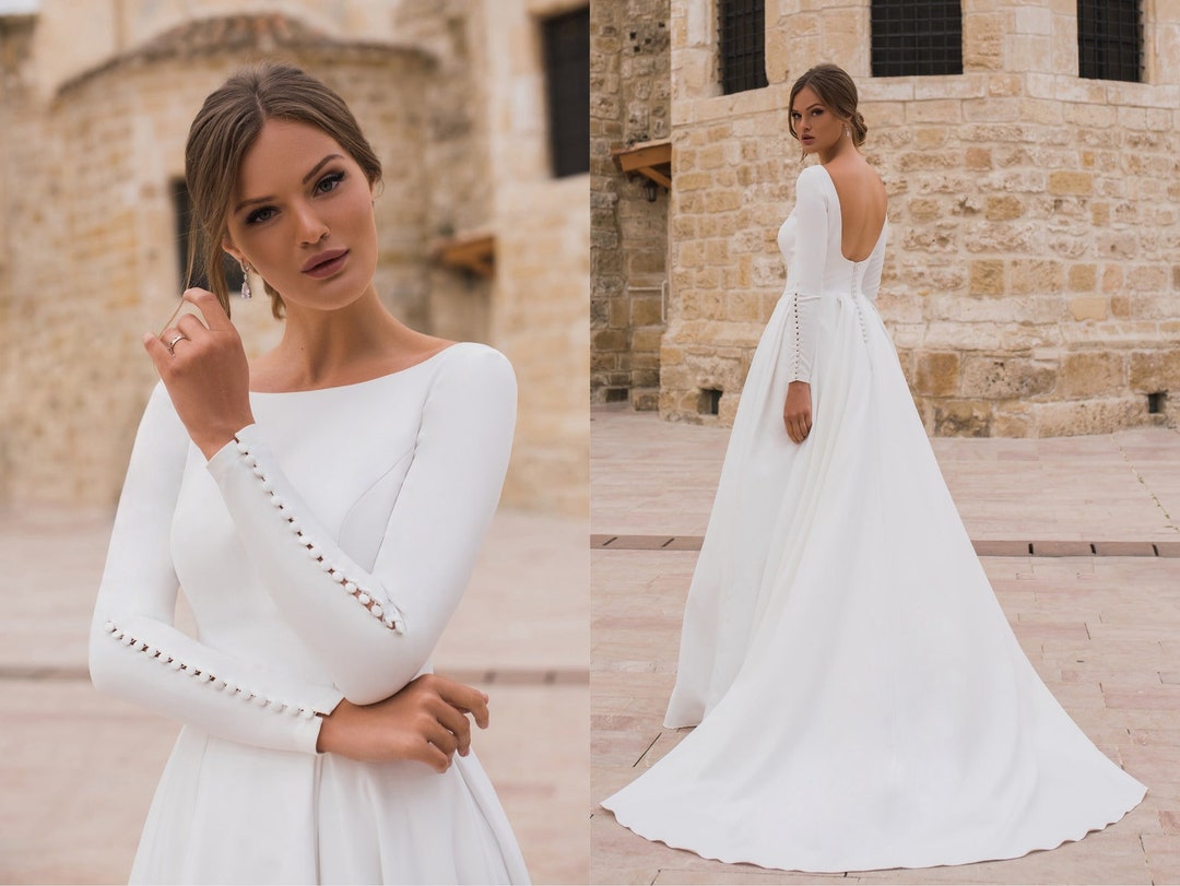 Simple White Wedding Dress Long Sleeve | Lace Wedding Dress Sleeves Mermaid  - White - Aliexpress