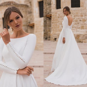 Wedding dress long sleeve. SIZE XXL 40% SALE Minimalist crepe wedding dress, Backless winter wedding gown, Simple bridal dress Nika