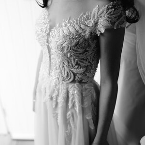Custom-made wedding dresses: Courthouse dress, Crepe long sleeve wedding gown, Floral boho wedding dress, Corset bridal mermaid gown image 5