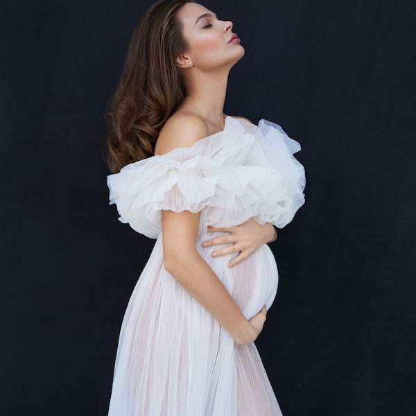 Maternity dress. Pregnancy photoshoot, Tulle maternity gown for photo shoot, Sheer maternity robe California