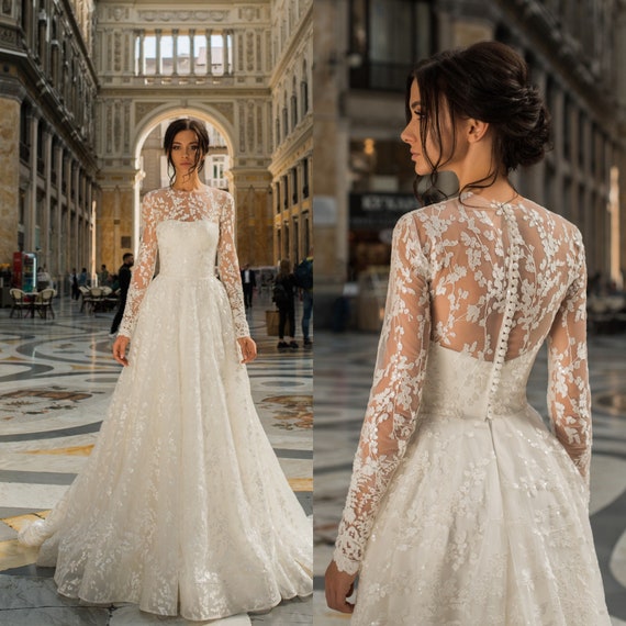 Long Sleeved High Neck Illusion Lace Sheath Wedding Dress With Slit |  Kleinfeld Bridal