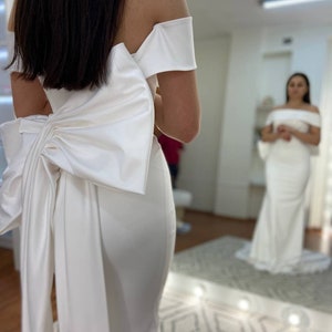 Off the Shoulder Satin Wedding Dress, Minimalist Wedding Gown with Bow, Sheath Simple Wedding Dress PATRICIA image 7