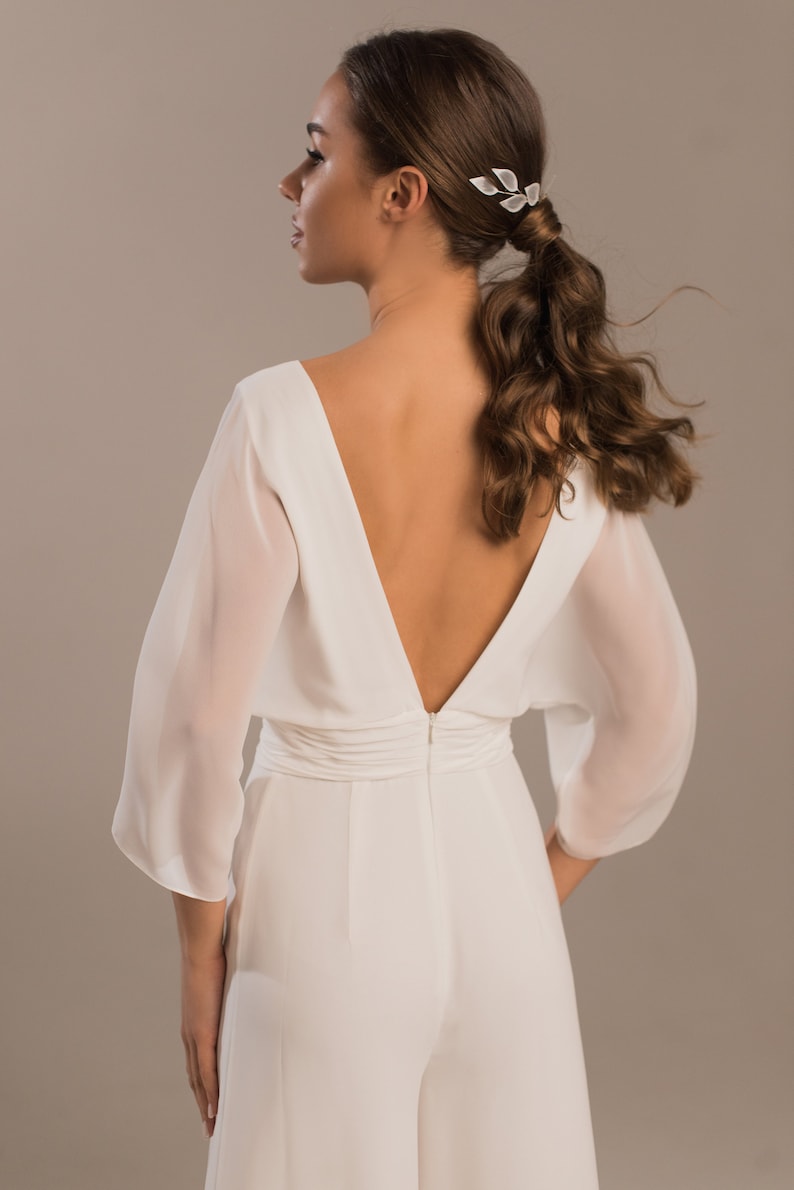 Wedding jumpsuit with long sleeves, Bridal jumpsuit v-neck and open back Saba image 5