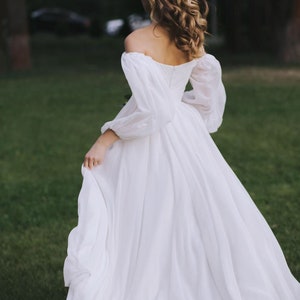 Off the shoulder wedding dress, Silk Bridal Gown with puff sleeves, Long Sleeve A-line Plus Size Bridal Dress Open shoulders Gown ADELINA image 7