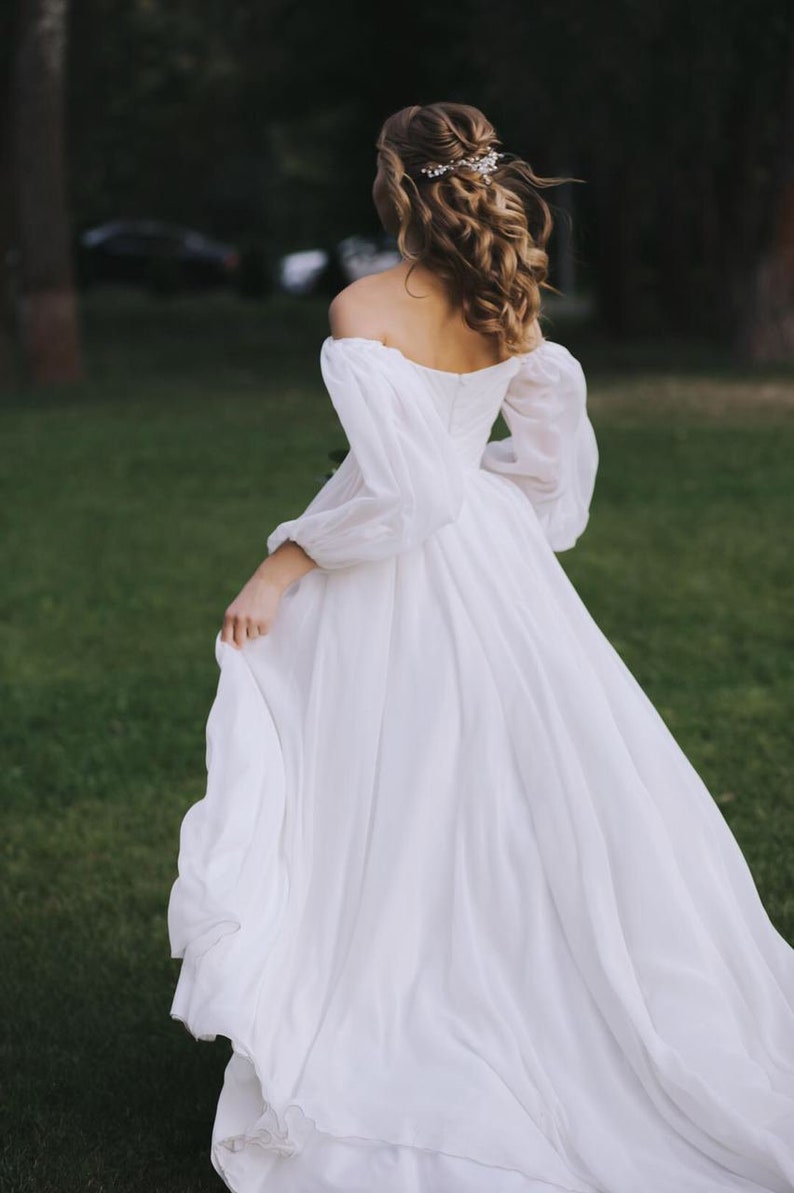 Off the shoulder wedding dress, Silk Bridal Gown with puff sleeves, Long Sleeve A-line Plus Size Bridal Dress Open shoulders Gown ADELINA image 7