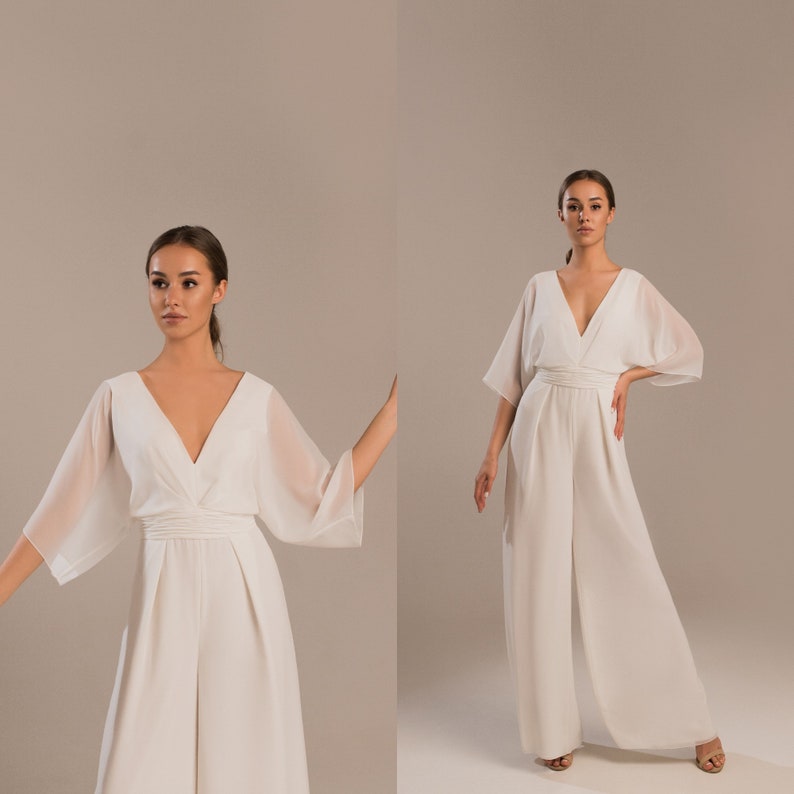 Wedding jumpsuit with long sleeves, Bridal jumpsuit v-neck and open back Saba image 1