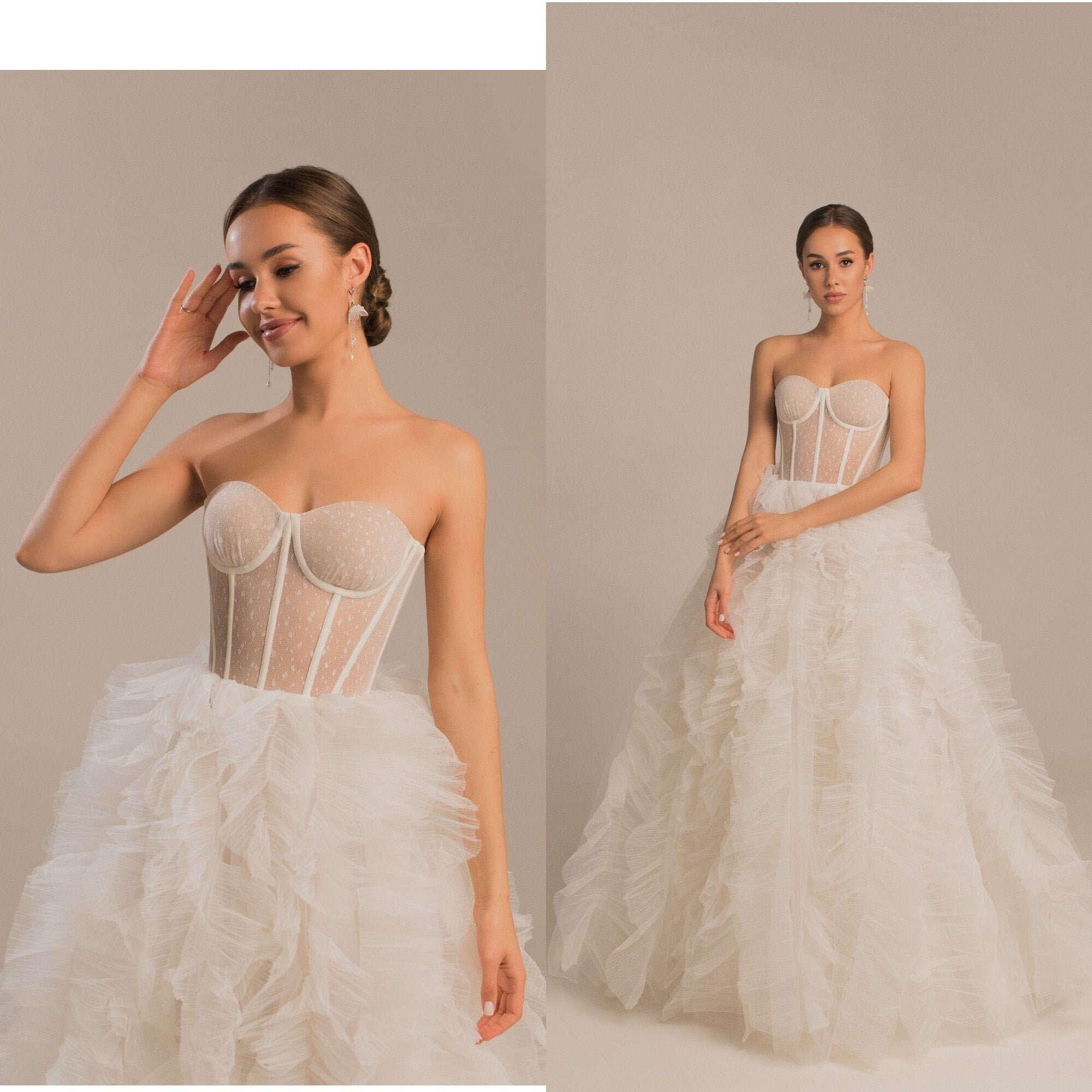 Wedding Dress With Ruffle Skirt Size XXS. Sweetheart Corset Bridal