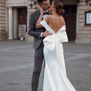 Off the Shoulder Satin Wedding Dress, Minimalist Wedding Gown with Bow, Sheath Simple Wedding Dress PATRICIA image 4