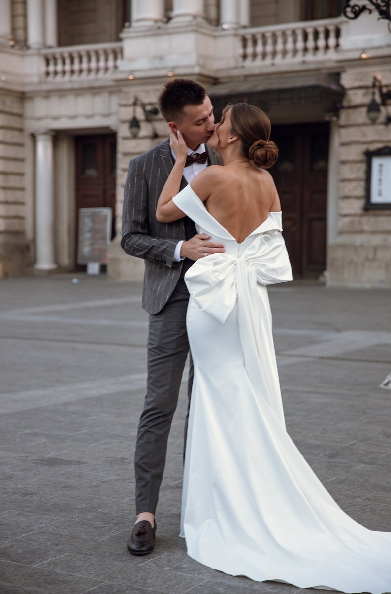 Off the Shoulder Satin Wedding Dress, Minimalist Wedding Gown with Bow, Sheath Simple Wedding Dress PATRICIA image 4