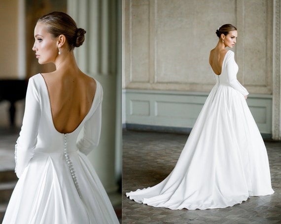 Crepe Long Sleeve Bridal Wedding Gown With Open Back, Winter