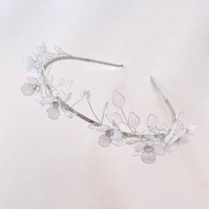 Floral bridal tiara, crystal flower wedding tiara with leaves, rustic hair accessories, flower girl headband, white floral tiara Silver