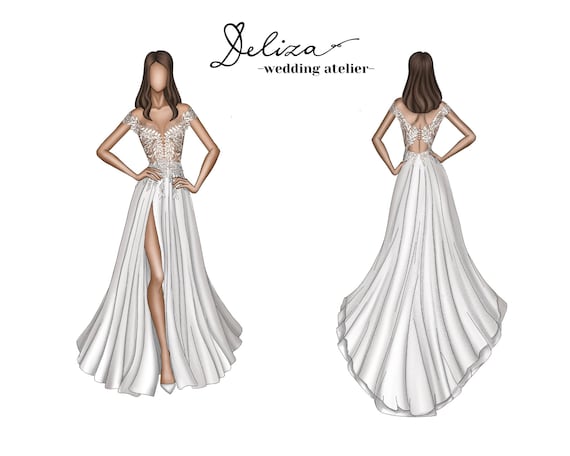 Elegant Evening Gown Fashion Illustration in Line Art Style | MUSE AI