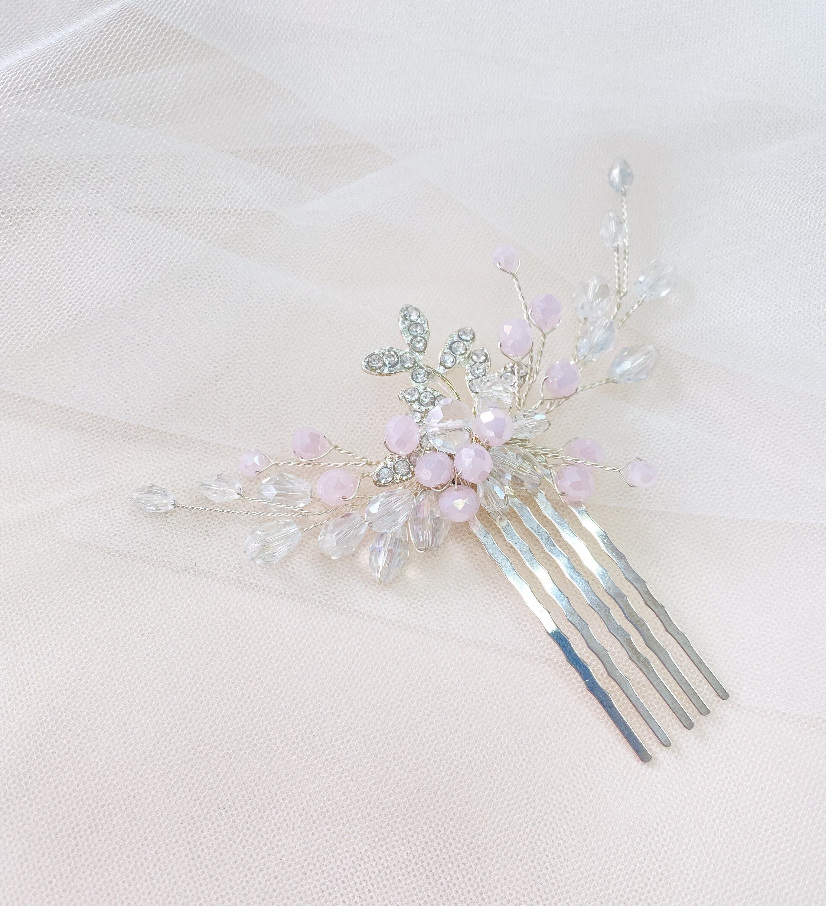 Mini Wedding Hair Comb Purple Silver Crystals Comb Bridal Hair Comb for Veil Beaded Bridal Hair comb Pink Rhinestones Hair Piece G051